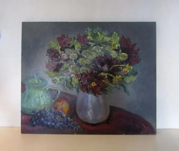 tableau signé nature morte huile sur panneau bouquet de dahlias 65x54cm