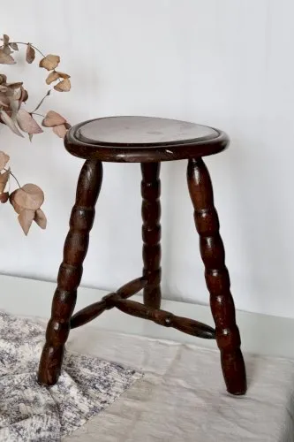 Tabouret de traite vintage en bois tripode