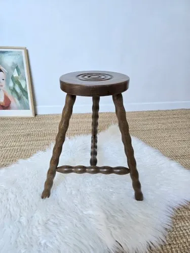 TABOURET TRIPODE BOIS / STYLE RUSTIQUE / H 46 cm