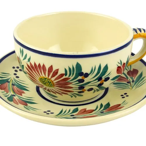 Tasse et soucoupe en faïence HB Quimper décor "Bohème" — fait main