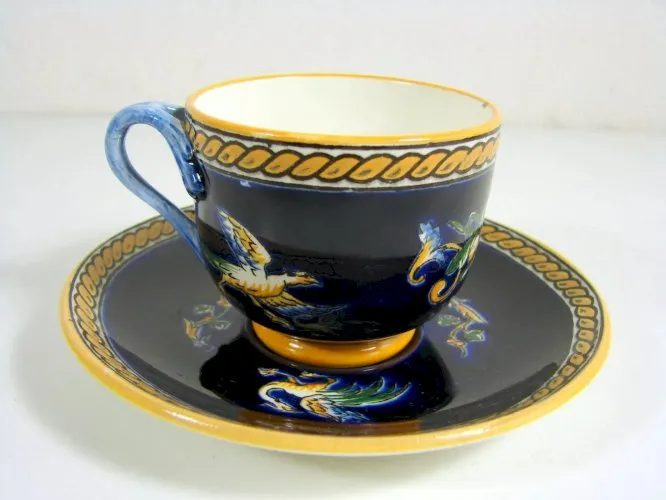 Tasse & sous-tasse café faience Gien Decor Renaissance bleu anneaux 1941 D 7 cm