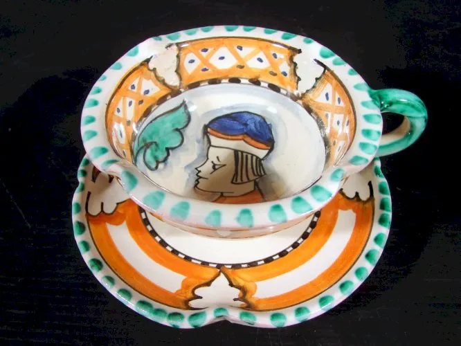 Tasse sous-tasse faïence LARCE ORVIETO 1 Majolique Italie profile homme signées