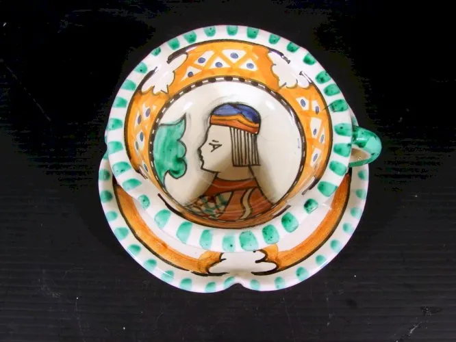 Tasse sous-tasse faïence LARCE ORVIETO 2 Majolique Italie profile homme signées