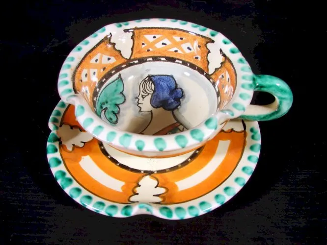 Tasse sous-tasse faïence LARCE ORVIETO 3 Majolique Italie profile femme signées