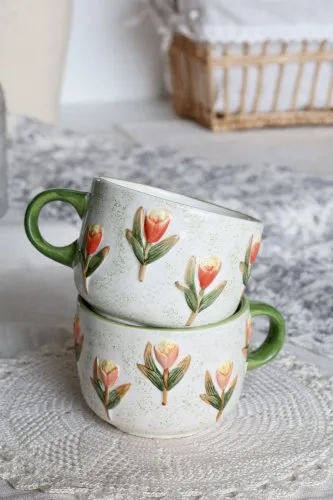 Tasses / mugs barbotine vintage - Motif tulipe - Tons orange et vert
