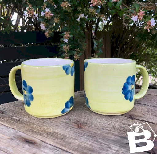 Tasses vertes fleurs bleues en céramique
