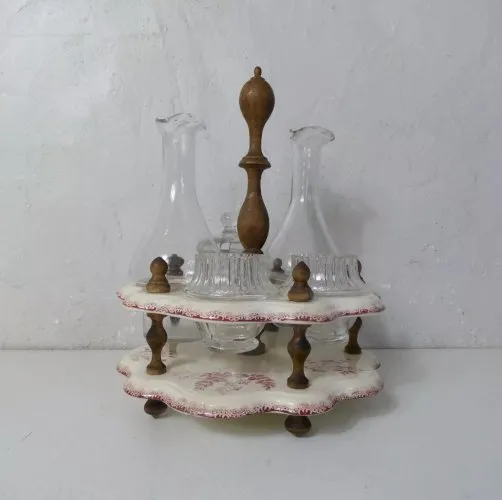 Terre de Fer ancien serviteur de table huile vinaigre en faience rose