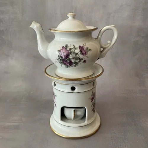 Tisanière veilleuse porcelaine décor floral fleurs, bec et anse canard cygne ?