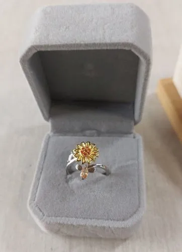 Très belle bague ajustable, fleur de tournesol, You are my Sunshine, en argent