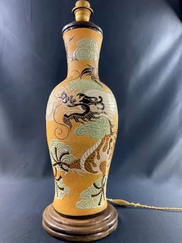 Très grande lampe au dragon sur fond jaune en grès BIEN HOA Vietnam