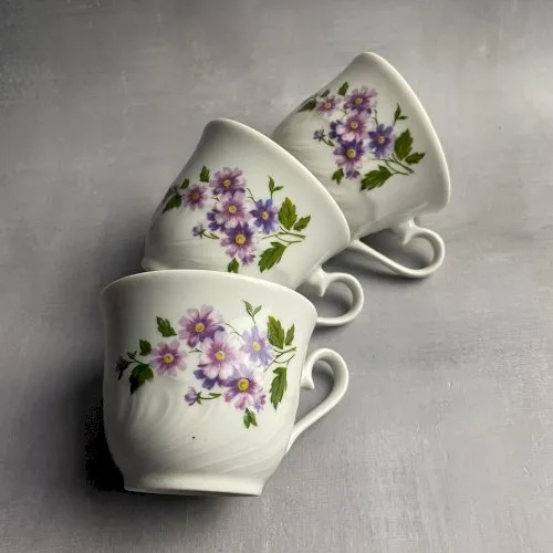 Trio de tasse en porcelaine de Bavière Bavaria Kronester décor de fleur violette