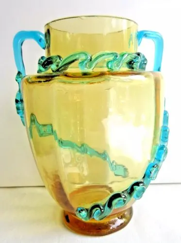 Vase George SAND verre ambre aux rajouts bleus torsadés en guirlandes, Legras