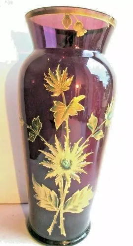 Vase haut Art Nouveau verre violet prune émaillé à l'or fin Legras: les chardons