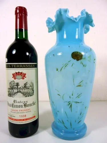 Vase opaline de foire Portieux Vallery Stahl XIX° décor fait main fleurs or fin