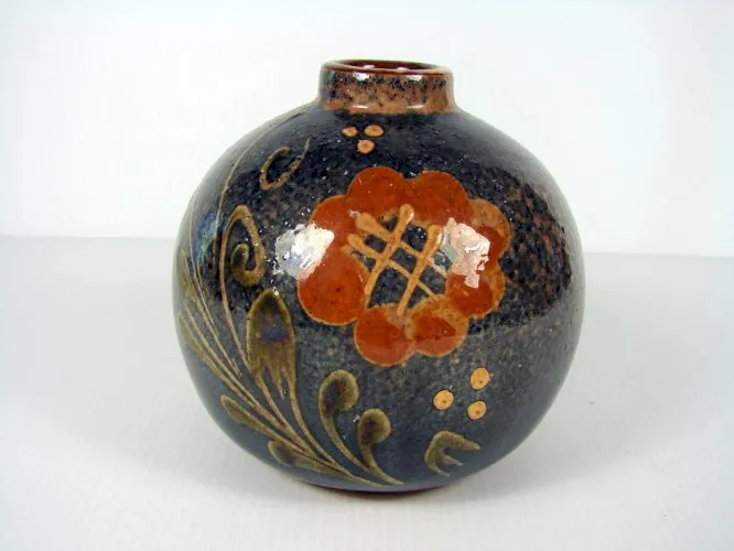 Vase terre cuite émaillé ceramique Alsace signé O Kutzenhausen decor fleurs