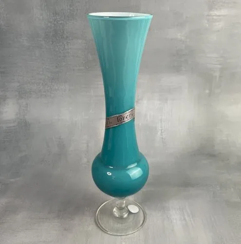 Vase vintage opaline de Florence bleu turquoise intérieur blanc Haut.~24.3cm