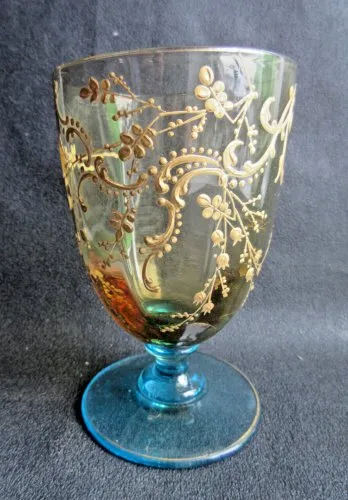 Verre à pied George SAND buvant ambre émaillé à l'or, pied bleu