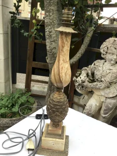 VINTAGE ANNEES 70 PIED DE LAMPE ANANAS EN BRONZE ET MARBRE DESIGN 70 CHARLES ??