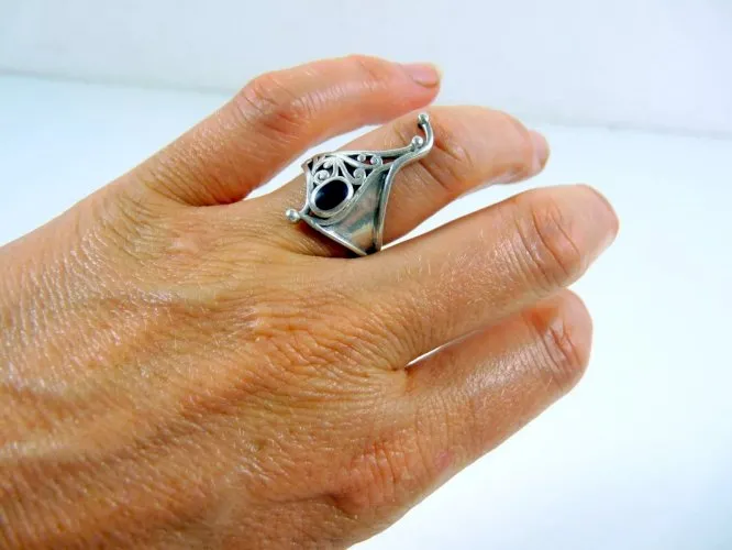 Vintage Bague Gothique Venise Argent 925 Pierre Onyx Poinçon T - 57/58 P - 4,2 g