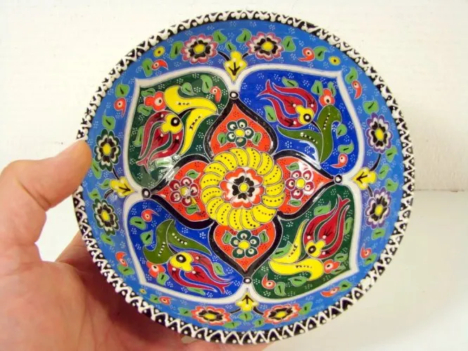 Vintage Bol céramique décor Iznik Turquie Kutahya XX° signé décor emaillé fleurs