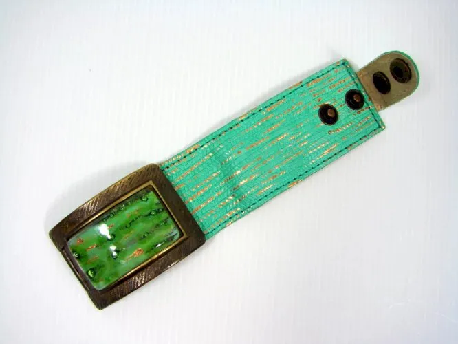 Vintage BRACELET Manchette Cuir Cuivre EMAUX Design Signé