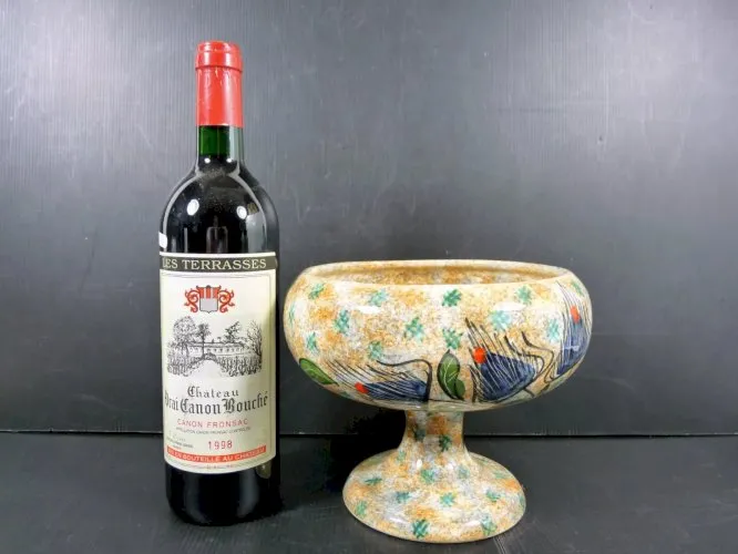 Vintage Compotier Faïence de Vallauris Décor Peint Main Chardons Signé TBE