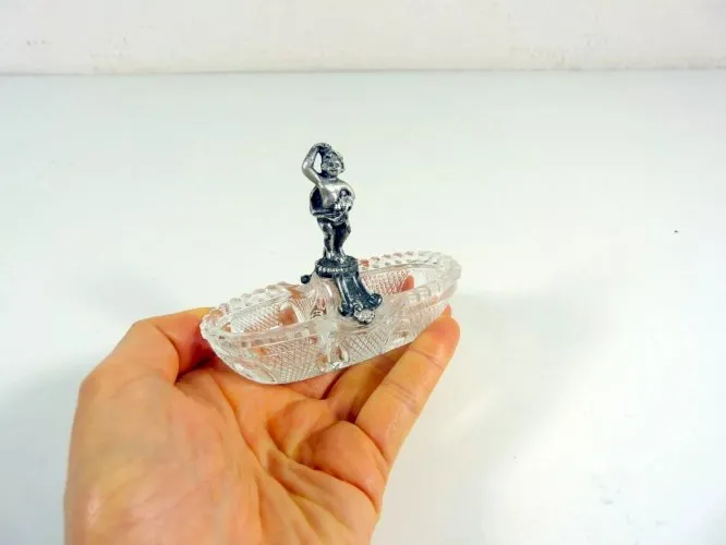 Vintage double saleron cristal taillé et métal argenté décor putti / amour