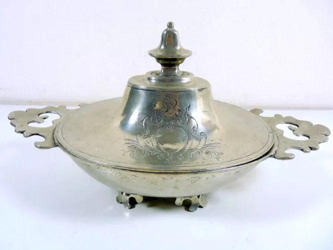 Vintage Ecuelle Deux Oreilles Etain Poinçon 118.EPU Europe Gravé Blason