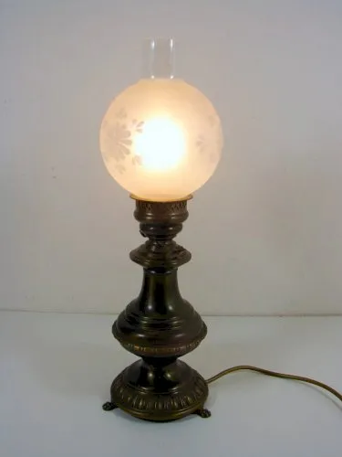 Vintage Lampe Electrique Laiton Sculpté Style Empire Verre Décor Sablé Italie