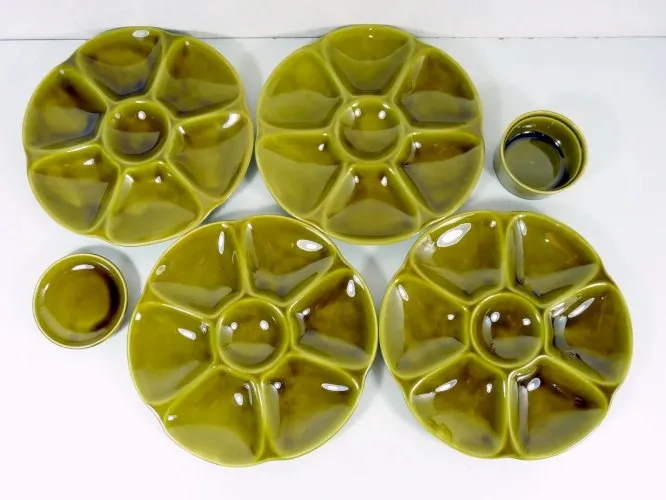 Vintage lot de 4 assiettes à huîtres faïence Gien signées D - 24,8 cm