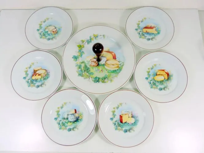 Vintage lot de 6 assiettes à fromage & leur présentoir porcelaine Limoge Sologne