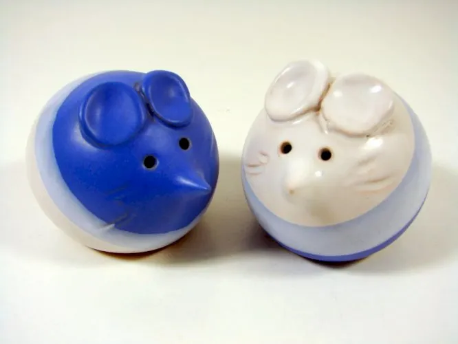 Vintage Paire de Salerons Céramique Peinte Décor Souris