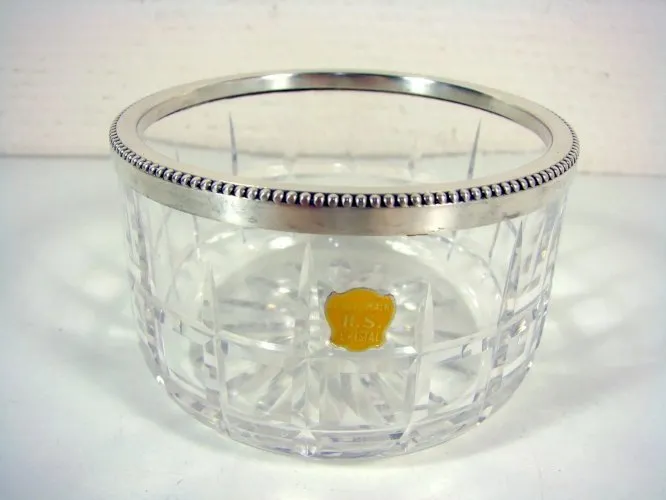 Vintage Petit Bol en Cristal Taillé RS et Monture Métal Argenté Perlé