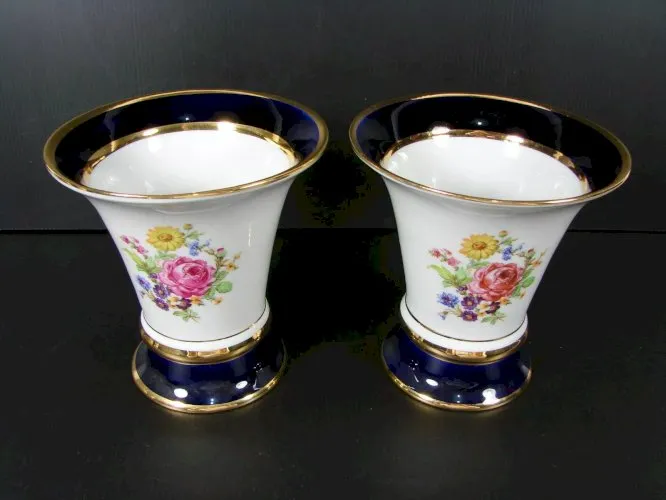 VINTAGE PORCELAINE ROYAL DUX BOHEMIA LOT 2 VASES TROMPETTE COBALT BLEU FLEURS