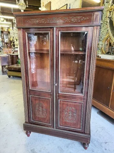 VITRINE BIBLIOTHEQUE NAPOLEON III A MARQUETERIE DE LAITON EN ACAJOU DU XIX è N°1