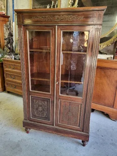 VITRINE BIBLIOTHEQUE NAPOLEON III A MARQUETERIE DE LAITON EN ACAJOU DU XIX è N°2
