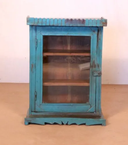 Vitrine murale art déco en teck birman patine bleue d’origine