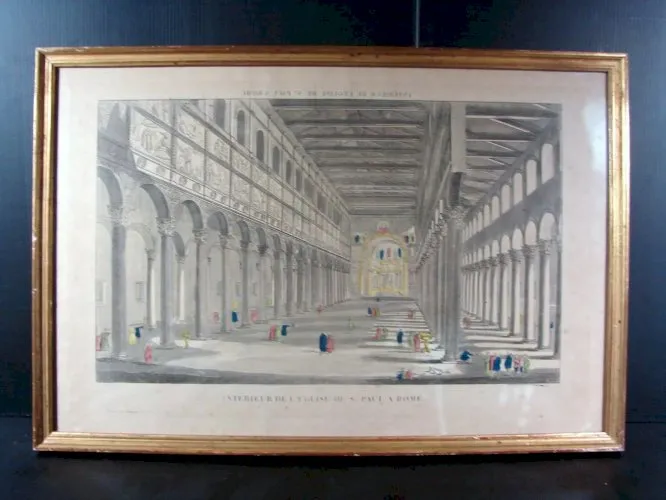 Vue d'Optique Aquarellée XIX° VUE INTERIEUR EGLISE SAINT PAUL A ROME par Basset