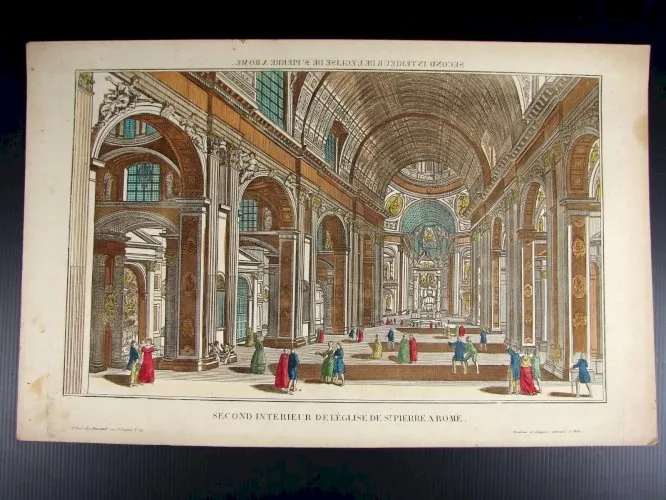 Vue d'optique coloriée XIX° Second Interieur Eglise St Pierre à Rome Chez Basset