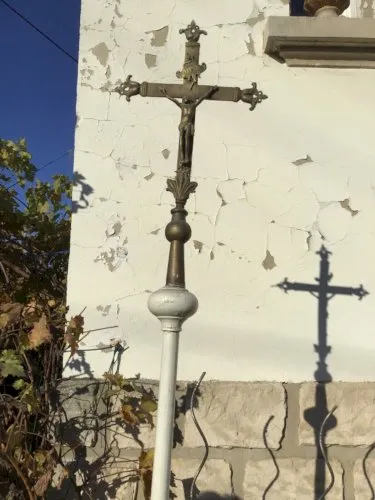 XIXe Croix ou Crucifix de Procession d'Église Christ Sainte Vierge Bronze FRANCE